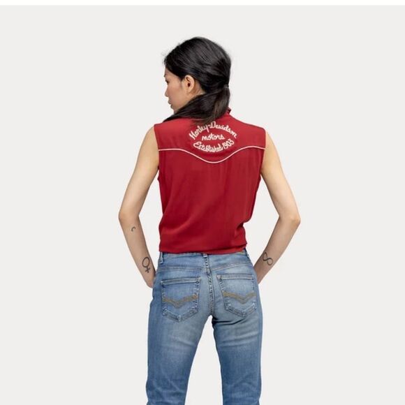 Harley-Davidson Moto Club Sleeveless Red Button Down Shirt Size Medium - Picture 5 of 12